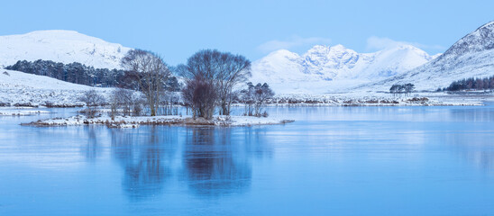 Frozen Loch with An Teallach covered in Snow, Scottish Highlands Mountain Landscape Panoramic