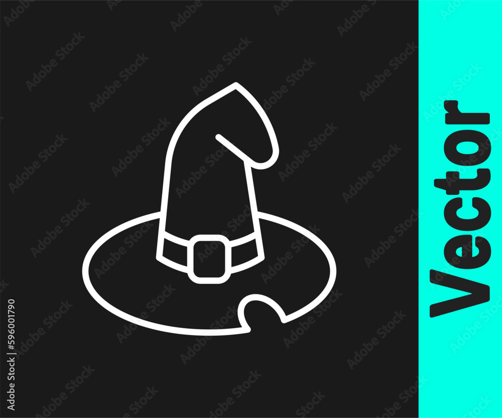 Sticker White line Witch hat icon isolated on black background. Happy Halloween party. Vector