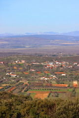 Fototapeta premium Agricultural fields in village Vrana, south Croatia. early spring, aerial view.