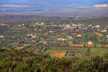 Agricultural fields in village Vrana, south Croatia. early spring, aerial view.