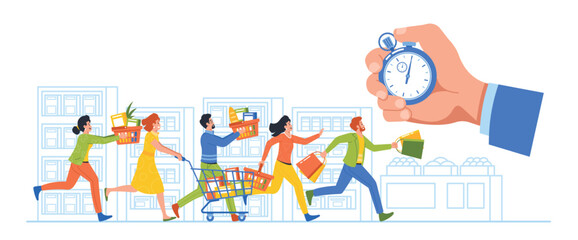 Fototapeta premium Shoppers Racing Through A Supermarket In A Frenzy To Grab The Best Deals And Discounts During The Limited-time Sale