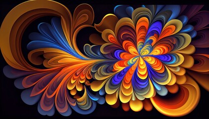 Fototapeta na wymiar Vibrant Fractal-Inspired Explosion, Color & Light, Swirling Patterns, Energetic Abstract Wallpaper, Toon Shading, Flat Colors, Simplified Shapes, Bold Outlines, Soft Shadows, Generative AI
