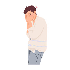 Young man feel shy or embarrassed. Unhappy man afraid of failure. Man with closed eyes palm sensitive to negative thoughts. The man hides his face ashamed, frightened, anxious. Flat vector