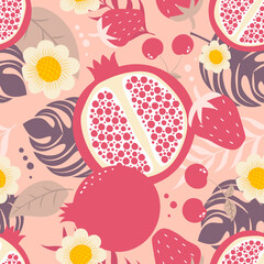 Hand drawn cute seamless pattern  fruits, Pomeganate, Cherry, Strawberry, flower and leaf on pink pastel background.