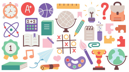 Back to school. A set of flat icons of stationery for studying at school. Collection of isolated education colorful kids accessory. vector object stuff design. cartoon graphic patch element children