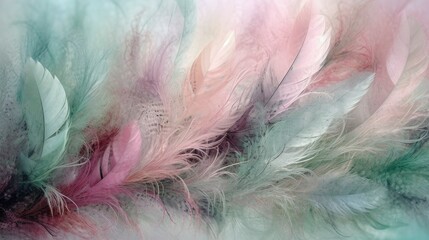 Ethereal Feathers: A Gentle Fusion of Complementary Deep Pink and Mint Green in Delicate, Wispy Feather Motifs for a Dreamy, Serene, and Professional Visual Experience - generative ai
