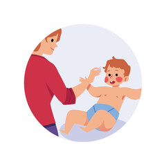 Mom smears cream red spots on cheeks of baby flat style