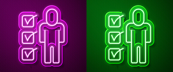 Glowing neon line Resume icon isolated on purple and green background. CV application. Searching professional staff. Analyzing personnel resume. Vector