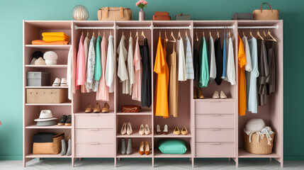 A Beautifully Organized Closet with Stylish Clothes and Accessories, generative AI