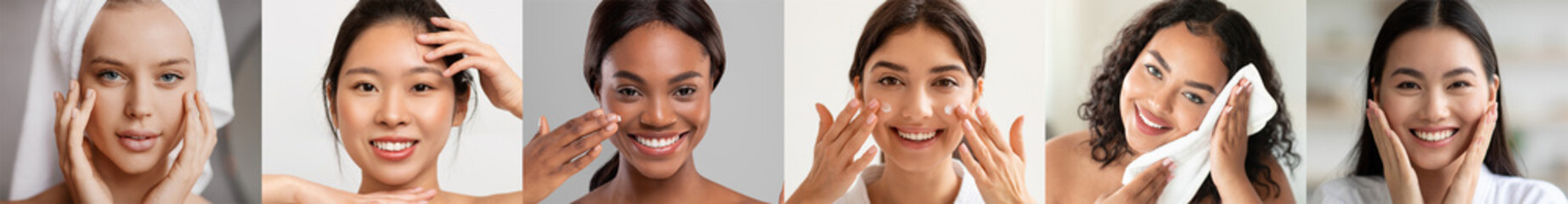 Beauty Concept. Portraits Of Happy Multiethnic Women Making Skincare Treatments At Home