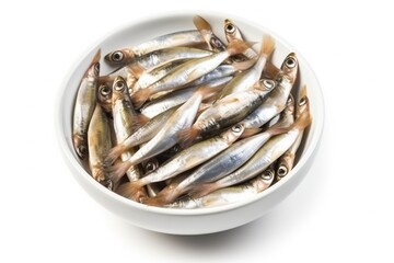 Anchovy in a white bowl. Ingredients for making dishes, recipes, cuisine, plate, food.