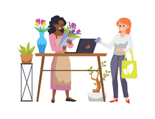 Red-haired satisfied buys fresh bouquet from florist flat style, vector illustration