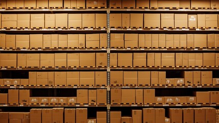 carton boxes warehousing shelf with product. Product packaging for logistical delivery. Retail warehouse full of shelves holding delivery boxes. Banner Background.Generative AI