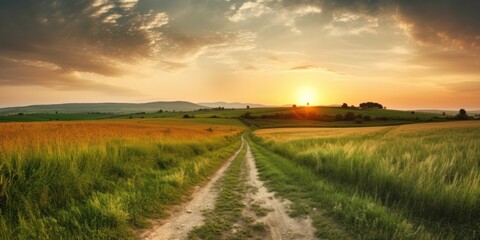 Beautiful summer rural landscape, Panorama of summer green field with Empty road and Sunset cloudy sky - obrazy, fototapety, plakaty
