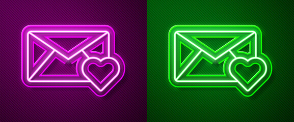 Glowing neon line Envelope with Valentine heart icon isolated on purple and green background. Message love. Letter love and romance. Vector