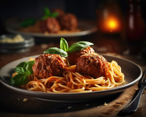 Spaghetti with meatballs and tomato sauce on a dark background. - obrazy, fototapety, plakaty