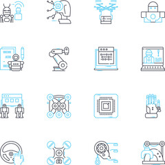 Digital Fabrication linear icons set. D printing, Laser cutting, CNC milling, Additive manufacturing, Rapid prototyping, Fused deposition modeling, Digital sculpting line vector and concept signs