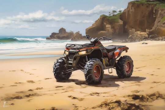 Illustration of a Red ATV, All Terrain Vehicle on the Beach, Generative AI