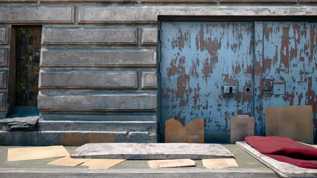 A close-up view of a desolate homeless area along a street, surrounded by dilapidated and run-down buildings of the city.