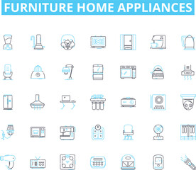 Furniture home appliances linear icons set. Sofa, Chair, Table, Bed, Dresser, Desk, Bookcase line vector and concept signs. Ottoman,Recliner,Mattress outline illustrations