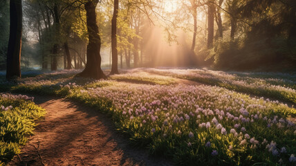 Morning in the forest, spring flowers in the park. Scilla blossom on beautiful morning with sunlight in the woods in april