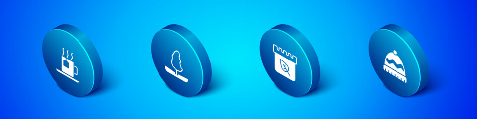 Set Isometric Cup of tea with tea bag, Calendar autumn leaves, Winter hat and Tree icon. Vector