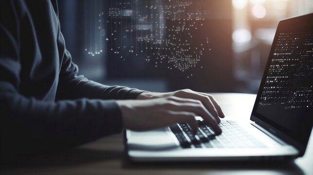 Digital technology, software development concept. Coding programmer, software engineer working on laptop with circuit board and javascript on virtual screen, internet of things