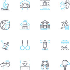 Nature excursions linear icons set. Hiking, Trekking, Camping, Rafting, Climbing, Photography, Wildlife line vector and concept signs. Adventure,Scenery,Exploration outline illustrations