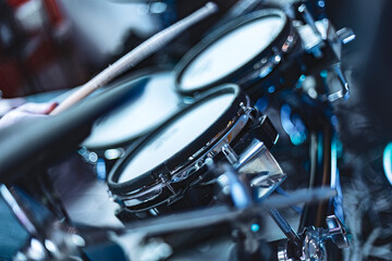 Close-up detail of a drum kit