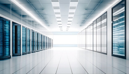 Fototapeta premium A sleek and minimalist data center, with pristine white walls, reflecting the LED lights from the server racks. Generated AI