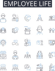 Employee life line icons collection. Job security, Workspace wellness, Career milests, Work culture, Staff relations, Labor conditions, Human capital vector and linear illustration. Professional