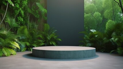 Fototapeta na wymiar A concrete podium with a living wall is located in a tropical forest.3d rendering. The Generative AI