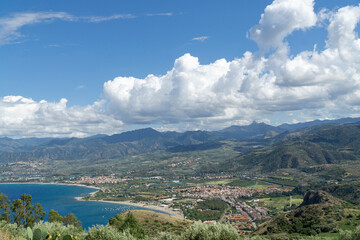 Beautiful sicily mountains and milazzo town landscape with mediterranean sea bay and blue sky 