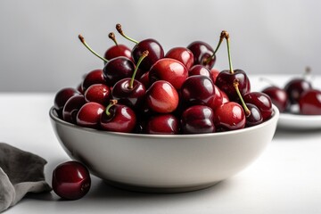 Cherry in white bowl. Ingredients for juice, salad, dishes. 