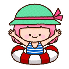 Cute Pinky Hair Girl Playing With Swim Ring In A Pool