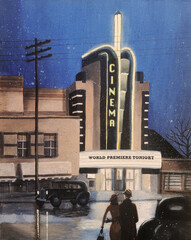 Couple approaches Art Deco style cinema on a winter night in the 1930s.