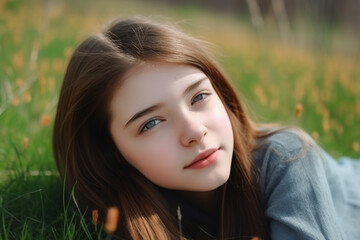 Fototapeta premium Young Woman Lying on the Spring or Summer Green Grass in a Beautiful Natural Field, Relaxing and Enjoying the Freedom and Beauty of Nature Outdoors