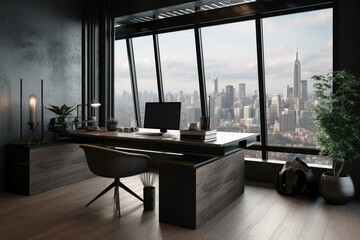 Contemporary workplace with city view, furnishings & equipment. 3D visualization. Generative AI