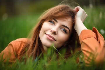Naklejka na ściany i meble Young Woman Lying on the Spring or Summer Green Grass in a Beautiful Natural Field, Relaxing and Enjoying the Freedom and Beauty of Nature Outdoors