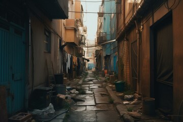Dirty, poor residential alleyway in ghetto city. Generative AI - obrazy, fototapety, plakaty