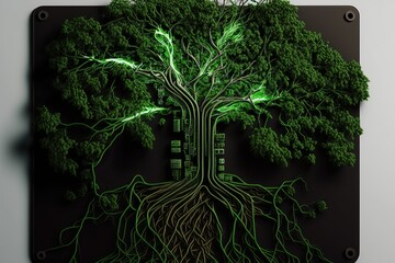 Circuit board with connectors resembling roots of a tree, concept of Cyber-organic interface and Root networking, created with Generative AI technology