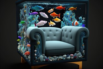 Ocking chair with a built - in aquarium filled with colorful fish swimming around the occupant, concept of Functional Furniture and Aquatic Design, created with Generative AI technology
