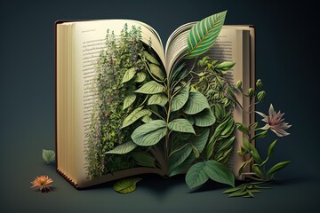 Plants turn into books, concept of Metamorphosis and Sustainability, created with Generative AI technology