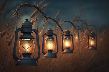 Row of old - fashioned lanterns hanging from a tree branch in a field of wheat, concept of Rustic charm and Agricultural landscape, created with Generative AI technology