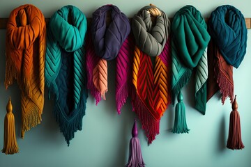 Series of colorful scarves used to create a unique wall hanging, concept of Textile art and Color blending, created with Generative AI technology