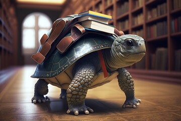 Turtle wearing a backpack and walking into a library, concept of Animal accessories and Educational animal behavior, created with Generative AI technology