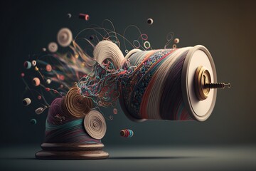 Spool of thread unraveling itself with threads forming intricate patterns in mid - air, concept of Kinetic art and Textile art, created with Generative AI technology