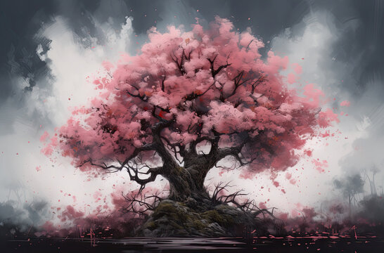 pink tree and grey skies. Generative AI image.