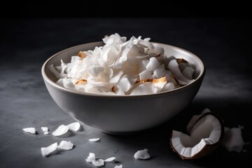 Coconut slices, pieces in white bowl. Chopped beet in white bowl. Ingredients for juice, dessert, salad, dishes. 