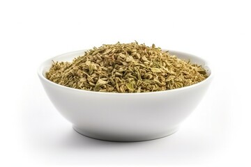 Dry oregano in white bowl. Ingredient for dishes, pizza, cuisine. Seasoning. 